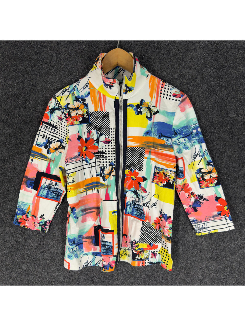 Onque Casual Jacket Women PM Petite White Floral Full Zip Long Sleeve Pockets
